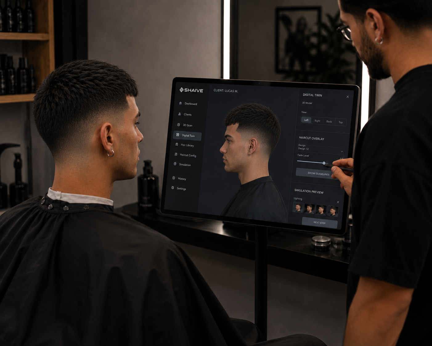 Barber konfiguriert gemeinsam mit dem Kunden den Haarschnitt am Bildschirm