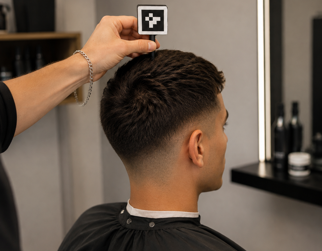 Barber erfasst die Kopfform eines Kunden mit einem Marker